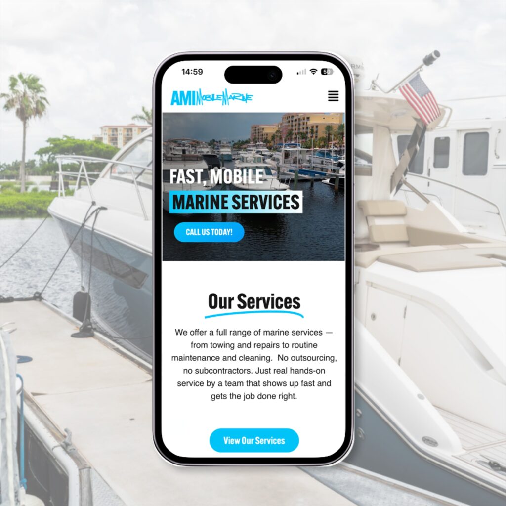 Phone mockup of the Ami Mobile Marine website homepage, designed by Posted Social