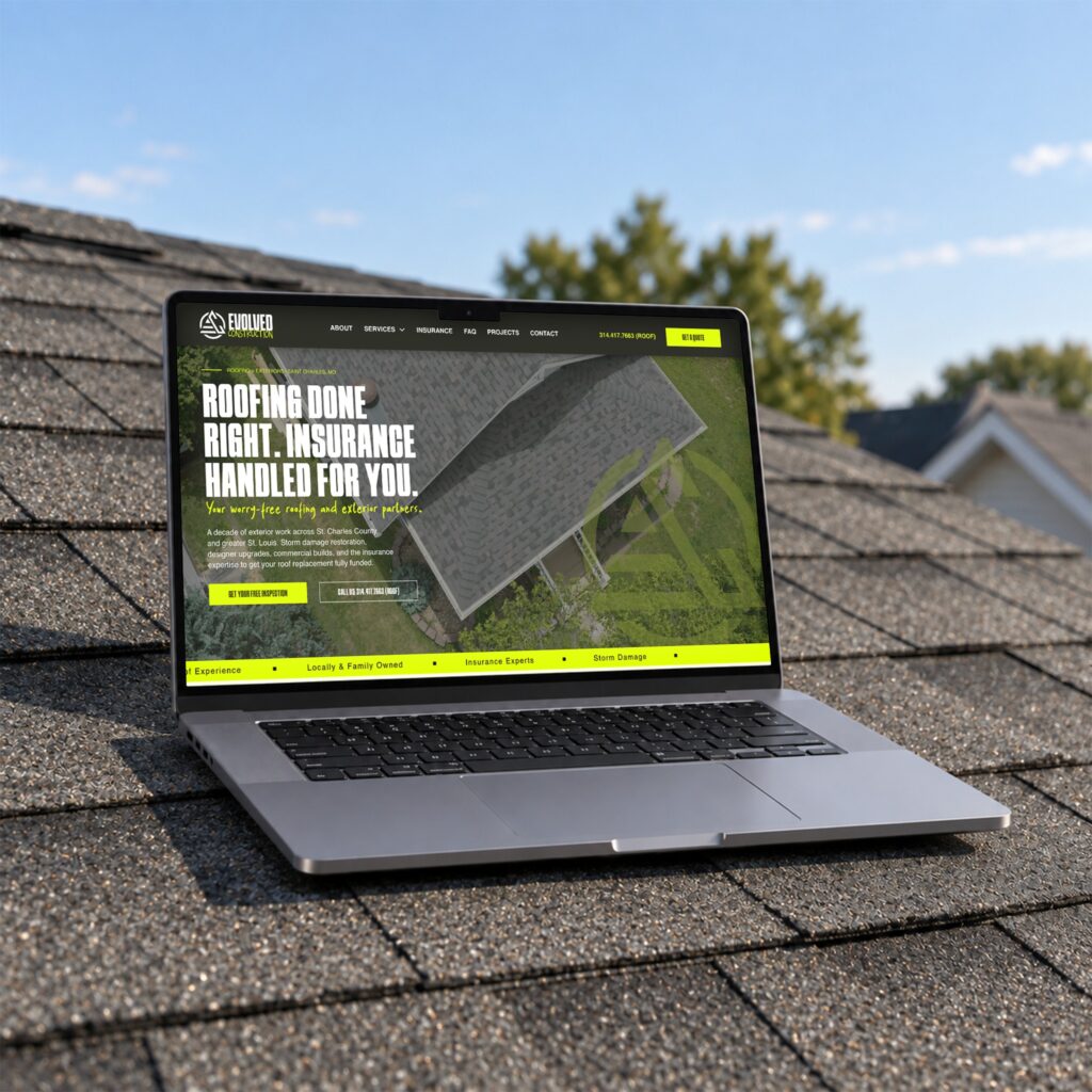 Laptop mockup of the Evolved roofing company website homepage, designed by Posted Social