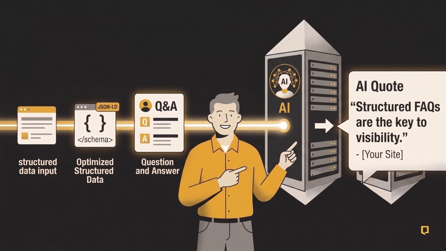 Illustration of JSON-LD FAQ schema turning Q&A content into an AI-cited quote