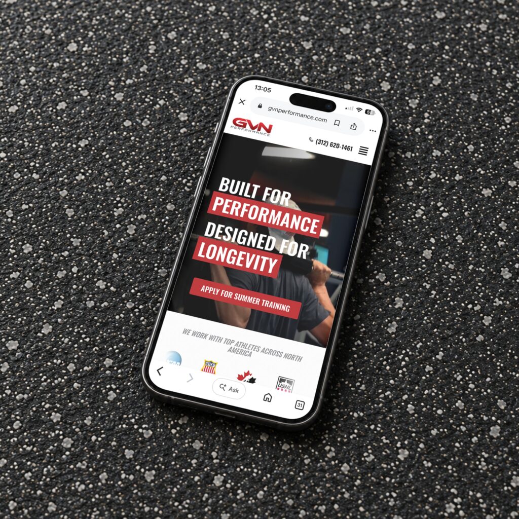 Phone mockup of the GVN Performance athletic training website homepage, designed by Posted Social