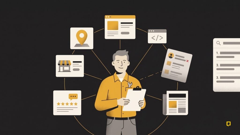 Illustration of local SEO signals — reviews, citations, Google Business Profile, and website — for AI search visibility