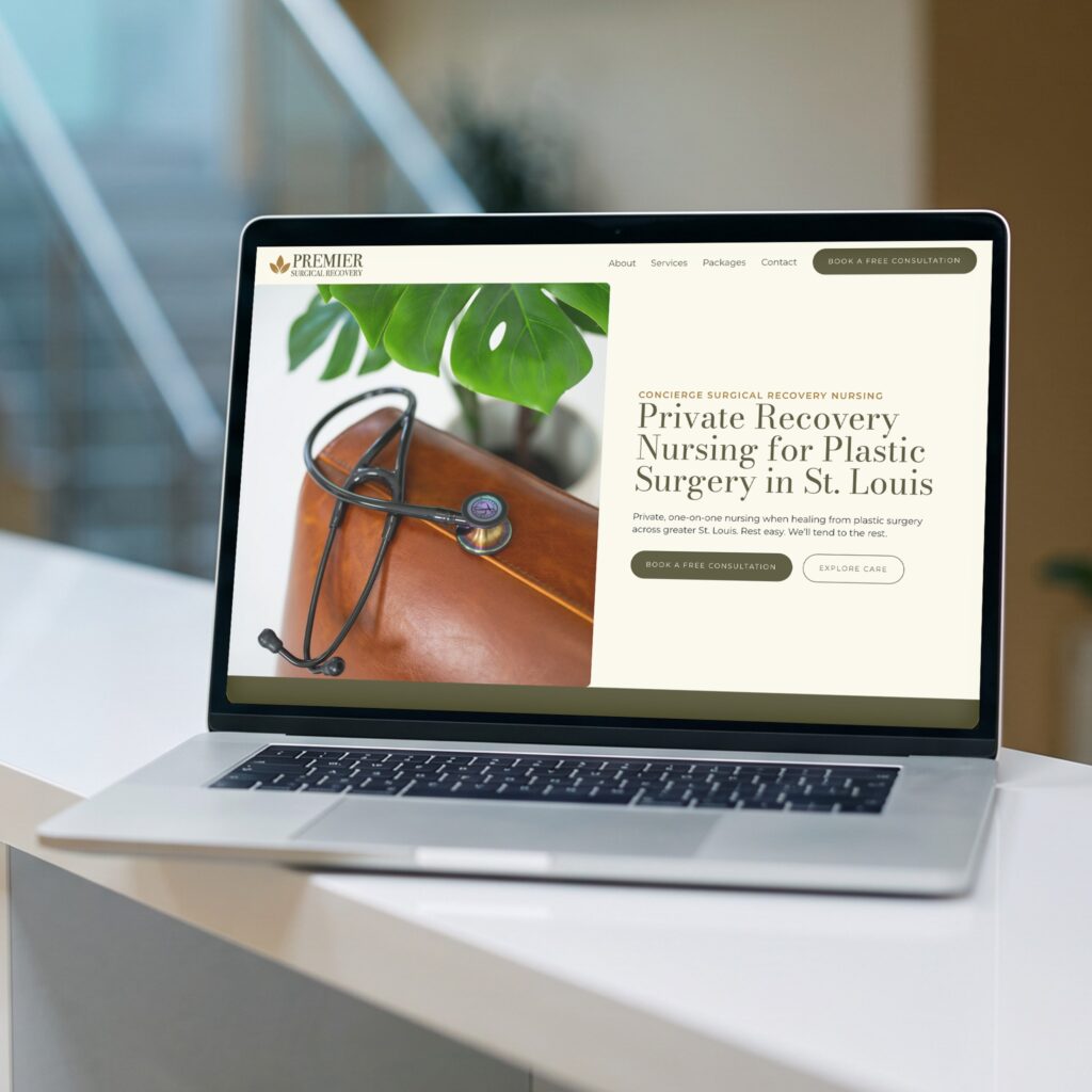 Laptop mockup of the Premier concierge surgical recovery nursing website homepage, designed by Posted Social