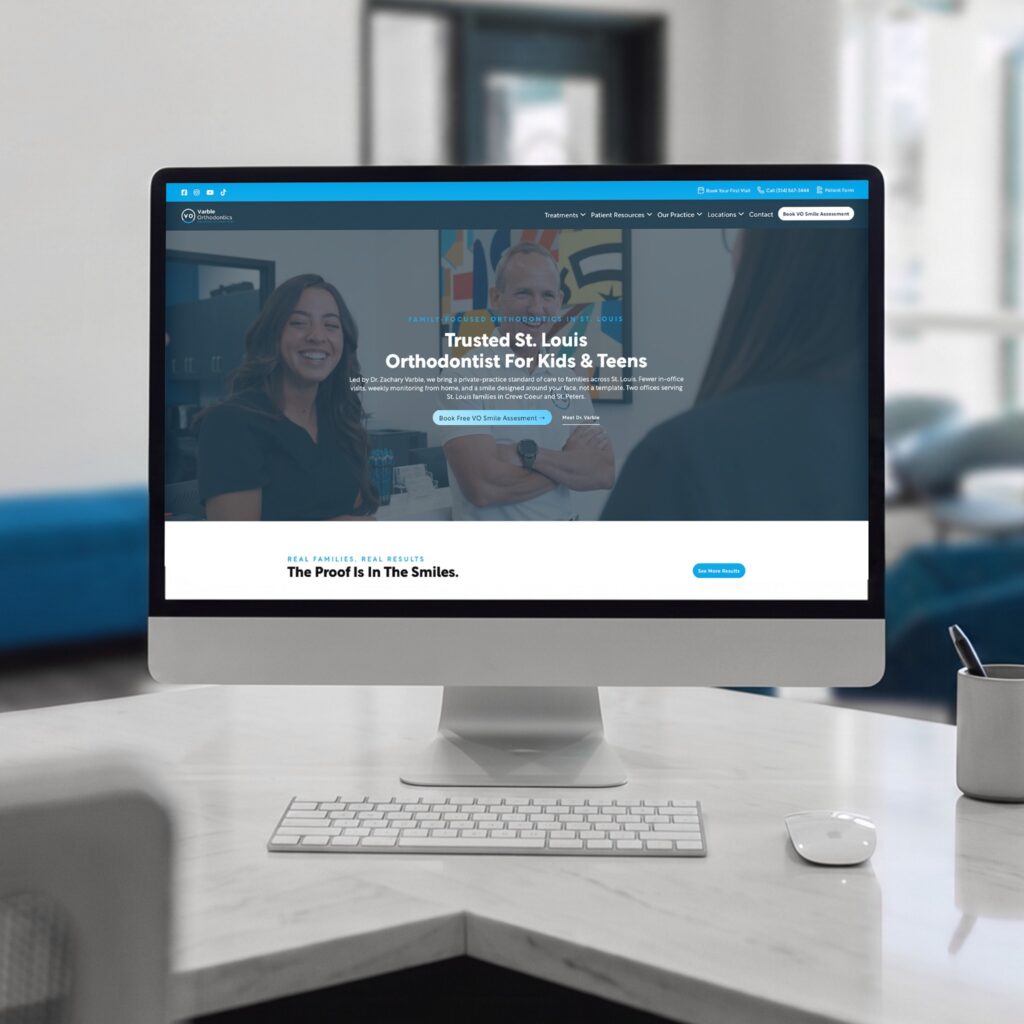 Desktop mockup of the Varble Orthodontics website homepage for a pediatric orthodontist, designed by Posted Social